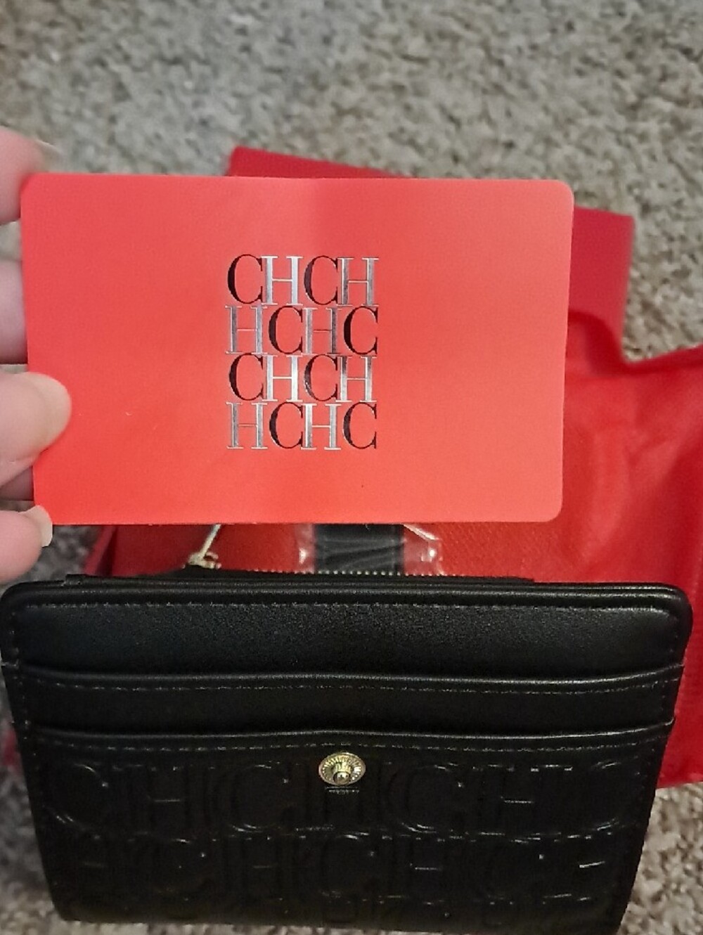 Carolina Herrera Black Embossed CH Leather Card Wallet with Gold Logo - Picture 6 of 8